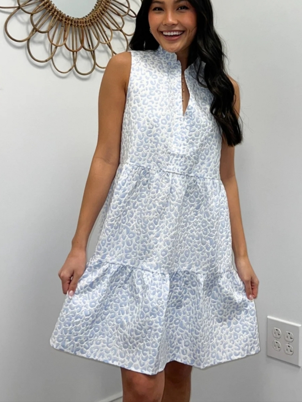 THML Sleeveless Mini Dress in Light Blue and White Leopard